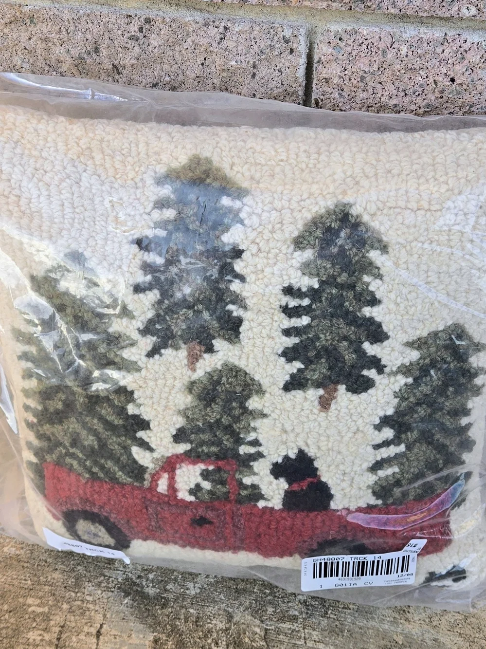 Garnet Hill Chandler 4 Corners Red Truck Hooked Holiday Pillow with Green Tree